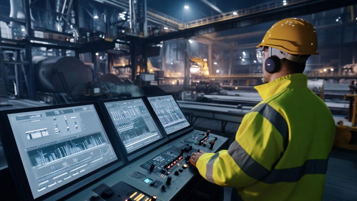 Automationstechnik in moderner Fertigungshalle: Techniker mit Schutzhelm bedient digitale Steuerungseinheit zur Überwachung automatisierter Produktionsprozesse