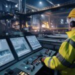 Automationstechnik in moderner Fertigungshalle: Techniker mit Schutzhelm bedient digitale Steuerungseinheit zur Überwachung automatisierter Produktionsprozesse