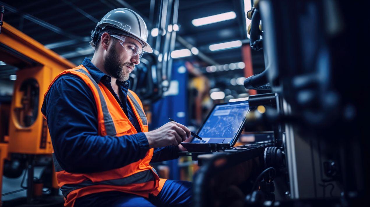 Ingenieur nutzt Automationstechnik zur Analyse von Prozessdaten auf einem Laptop direkt an der Maschine in einer modernen Produktionshalle