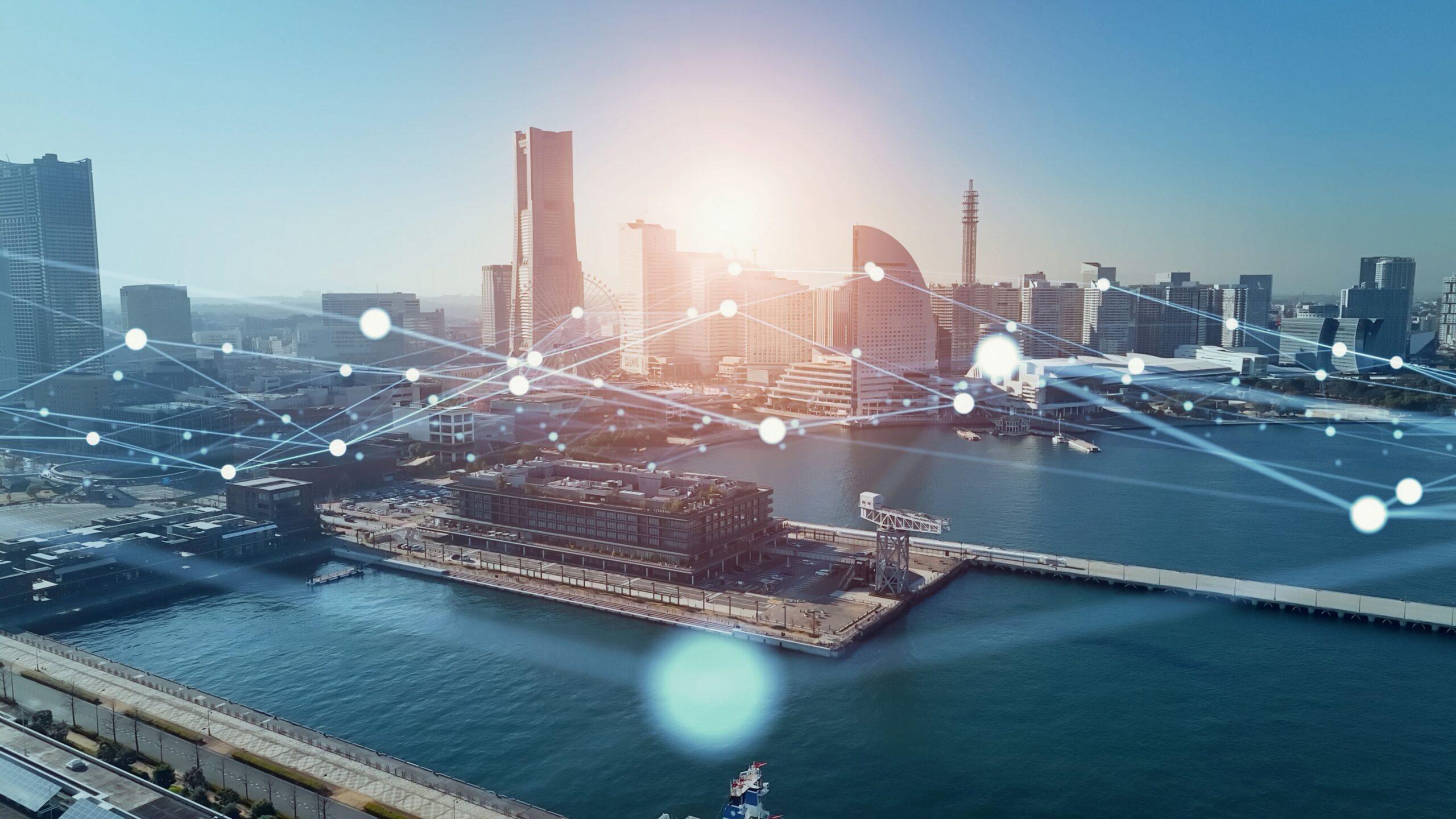 Digitalisierung im Hafen: Infrastruktur und Hafenanlage mit vernetzter Technologie visualisiert